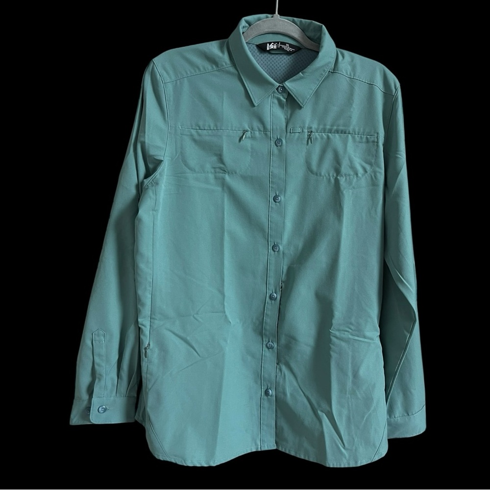 REI Co-op XL Teal Ripstop Hiking Shirt Vented Back Zip Pockets Outdoor